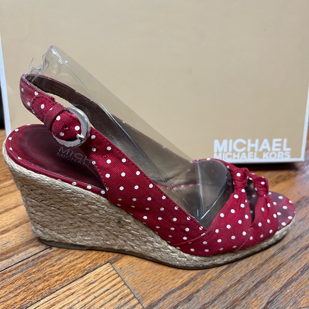 Michael Kors - red polka dot sling back, peep toe, wedge - size 6
